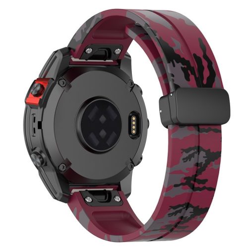 For Garmin Tactix 7 Pro / Fenix 7X / 6X / 6X Pro / 5X Plus Black Buckle Watch Band 26mm Silicone Strap - Camo Wine Red