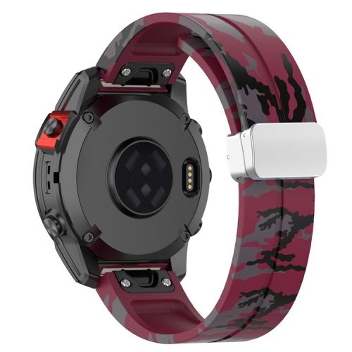 For Garmin Tactix 7 Pro / Fenix 7X / 6X / 6X Pro / 5X Plus Silicone Watch Band 26mm Silver Buckle Wrist Strap - Camo Wine Red