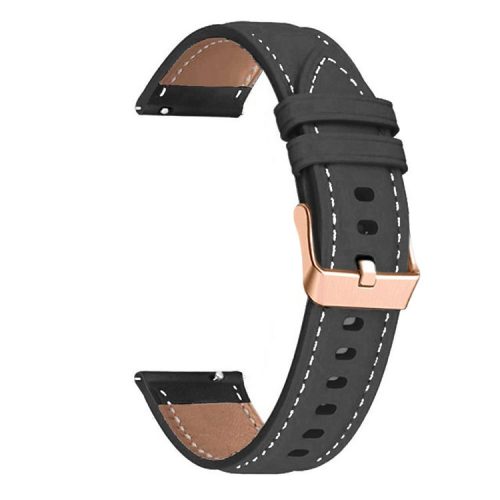 Watch Band for Garmin Venu / Sq / Sq 2 / 2 Plus , 20mm Genuine Cow Leather Strap with Rose Gold Buckle - Black