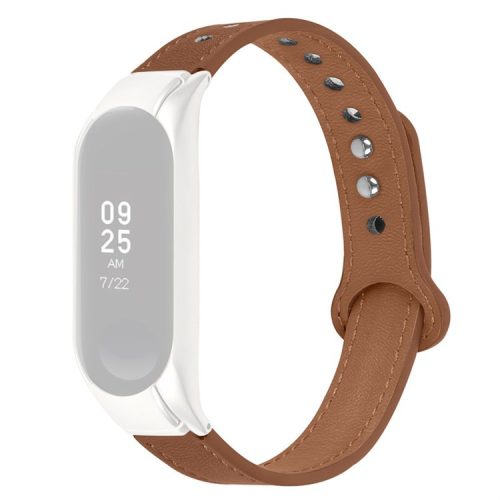 Adjustable Wrist Band for Xiaomi Mi Band 7 Top Layer Cowhide Replacement Strap with Double Rivet, Black Watch Case - Brown