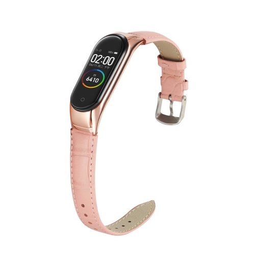 Crocodile Texture Genuine Leather Watch Strap for Xiaomi Mi Band 3 / Mi Smart Band 4 - Pink