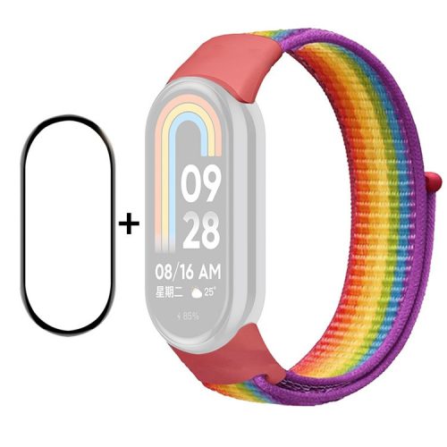 ENKAY HAT-PRINCE For Xiaomi Mi Band 9 NFC / Mi Band 9 / Smart Band 8 NFC / Smart Band 8 Nylon Watch Band with PMMA Screen Film - Rainbow Purple