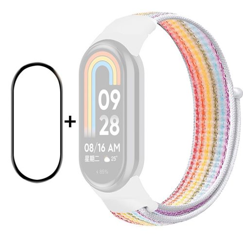 ENKAY HAT-PRINCE For Xiaomi Mi Band 9 NFC / Mi Band 9 / Smart Band 8 NFC / Smart Band 8 Nylon Watch Band with PMMA Screen Film - Rainbow White