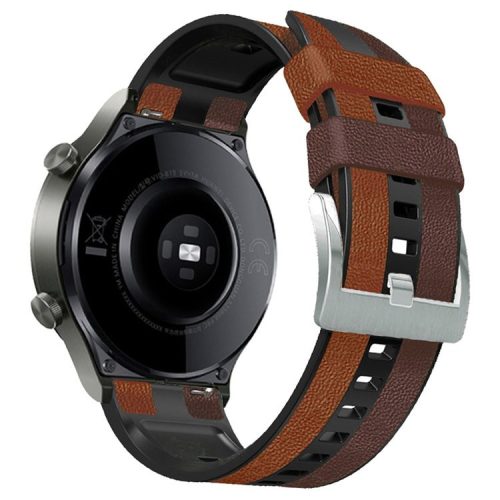 For Haylou RT / RT2 / Xiaomi Watch S1 / Samsung Galaxy Watch 3 45mm Watch Strap 22mm Color Splicing Leather Coated Silicone Band - Brown / Black