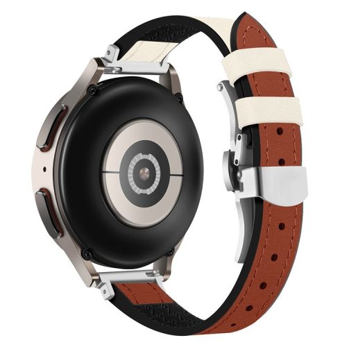 For Samsung Gear S3 Classic / Huawei Watch Ultimate / Xiaomi Watch S1 Watch Band 22mm Silicone+Genuine Leather Watch Strap - Beige Brown / Silver Buckle