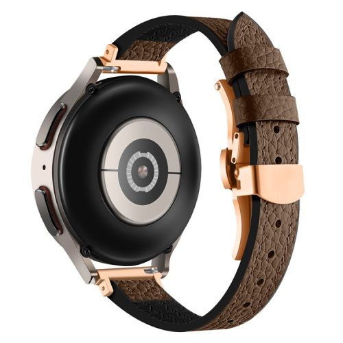 For Samsung Gear S3 Classic / Huawei Watch Ultimate / Xiaomi Watch S1 Watch Band 22mm Silicone+Genuine Leather Watch Strap - Brown / Rose Gold Buckle