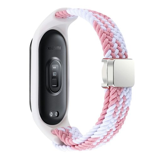 For Xiaomi Mi Band 3 / 4 / 5 / 6 / 7 Braided Nylon Strap Magnetic Watch Band - Pink / White