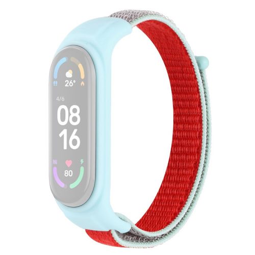 For Xiaomi Mi Band 3 / Band 4 / Band 5 / Band 6 / Band 7 Nylon Sport Band Adjustable Anti-lost Bracelet with Silicone Watch Case - Red / Grey