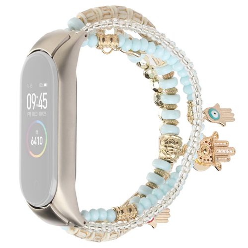 For Xiaomi Mi Band 3/4 Bohemian Beaded Bracelet Watch Band Smart Watch Replacement Strap with Hand of Fatima Pendant for Women - Blue