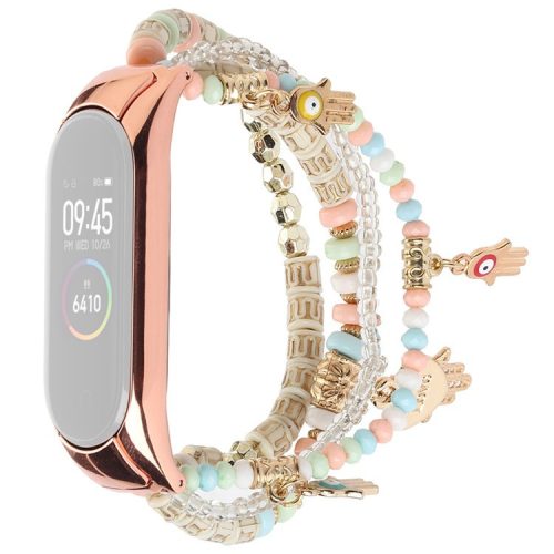 For Xiaomi Mi Band 3/4 Bohemian Beaded Bracelet Watch Band Smart Watch Replacement Strap with Hand of Fatima Pendant for Women - Pink