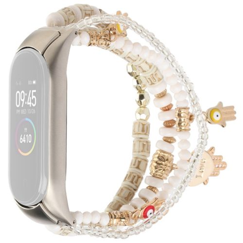 For Xiaomi Mi Band 3/4 Bohemian Beaded Bracelet Watch Band Smart Watch Replacement Strap with Hand of Fatima Pendant for Women - White