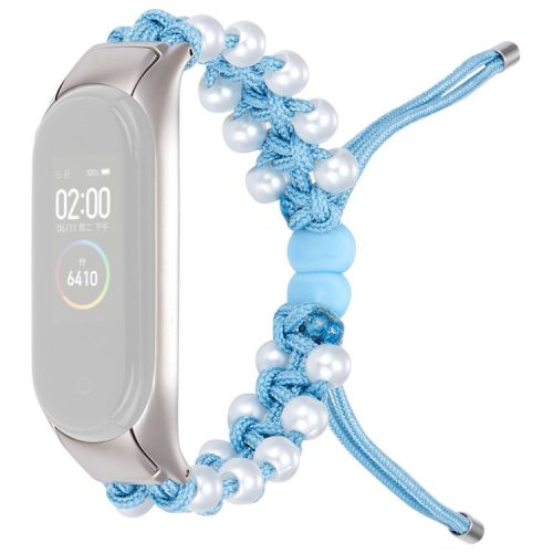 For Xiaomi Mi Band 3/4 Watch Band Stylish Beads Decorated Wrist Strap Drawstring Design Adjustable Nylon Rope Watchband - Blue