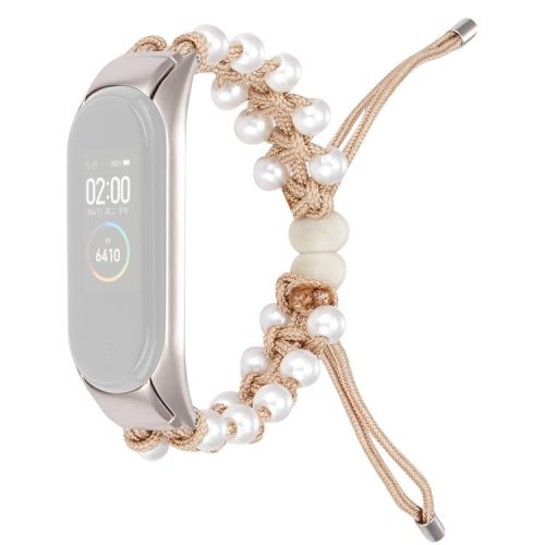 For Xiaomi Mi Band 3/4 Watch Band Stylish Beads Decorated Wrist Strap Drawstring Design Adjustable Nylon Rope Watchband - Khaki