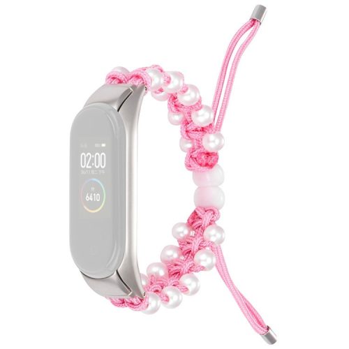 For Xiaomi Mi Band 3/4 Watch Band Stylish Beads Decorated Wrist Strap Drawstring Design Adjustable Nylon Rope Watchband - Pink