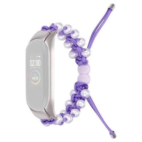 For Xiaomi Mi Band 3/4 Watch Band Stylish Beads Decorated Wrist Strap Drawstring Design Adjustable Nylon Rope Watchband - Purple