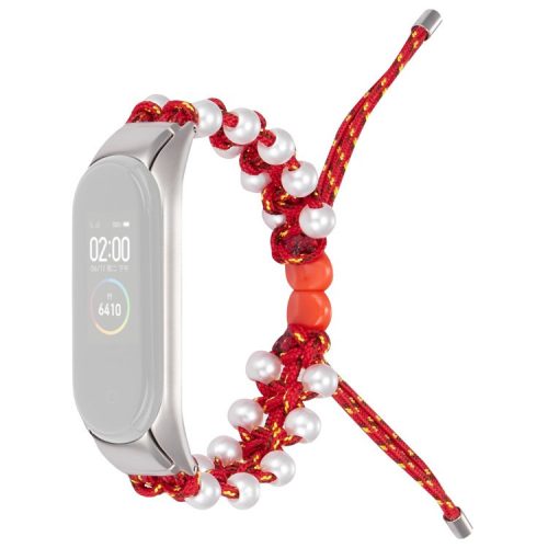 For Xiaomi Mi Band 3/4 Watch Band Stylish Beads Decorated Wrist Strap Drawstring Design Adjustable Nylon Rope Watchband - Red/Yellow