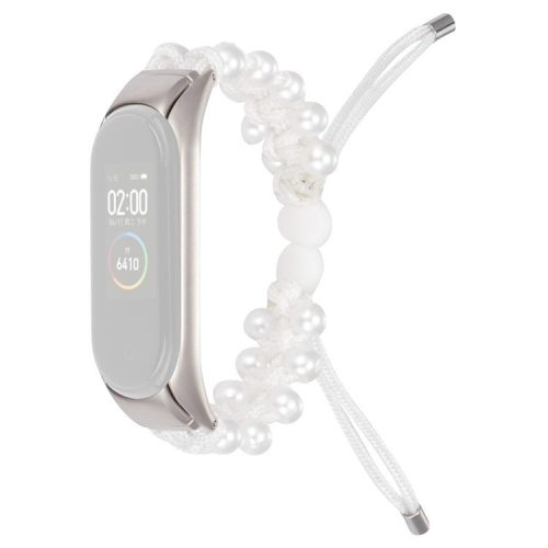 For Xiaomi Mi Band 3/4 Watch Band Stylish Beads Decorated Wrist Strap Drawstring Design Adjustable Nylon Rope Watchband - White