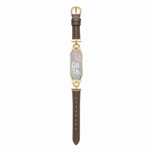 For Xiaomi Mi Band 5 / 6 Genuine Leather Watch Band Replacement Wrist Strap with D-shape Metal Connector - Gold / Taupe