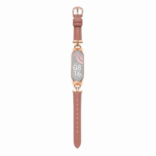 For Xiaomi Mi Band 5 / 6 Genuine Leather Watch Band Replacement Wrist Strap with D-shape Metal Connector - Rose Gold / Deep Pink