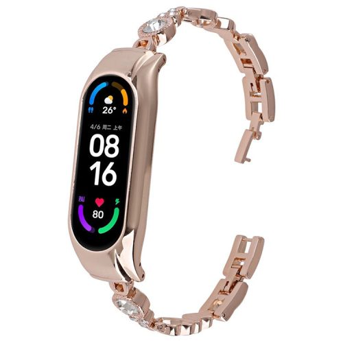 For Xiaomi Mi Band 5 / 6 Metal Bracelet Rhinestones Decor Wristband Strap - Rose Gold