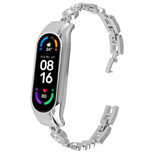 For Xiaomi Mi Band 5 / 6 Metal Bracelet Rhinestones Decor Wristband Strap - Silver