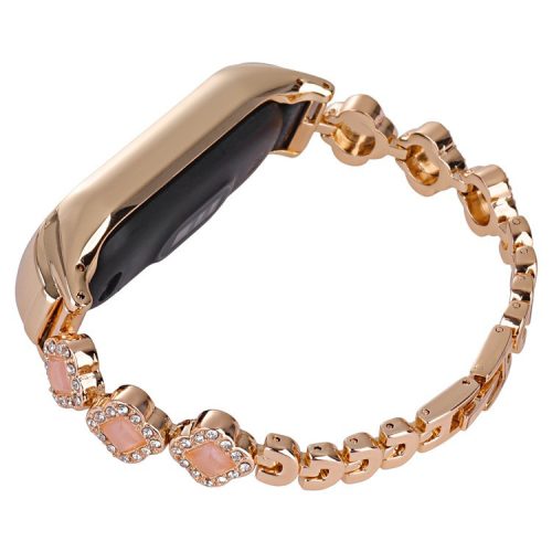 For Xiaomi Mi Band 5 / 6 Metal Watch Band Rhinestone Decor Clover Wrist Strap - Rose Gold