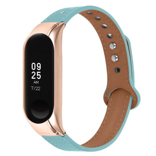 For Xiaomi Mi Band 5 / 6 Smart Watch Top Layer Cowhide Strap Replacement Wrist Band with Double Rivet, Rose Gold Watch Case - Blue