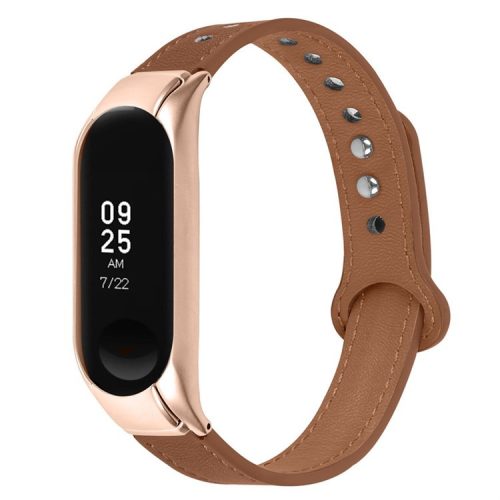 For Xiaomi Mi Band 5 / 6 Smart Watch Top Layer Cowhide Strap Replacement Wrist Band with Double Rivet, Rose Gold Watch Case - Brown