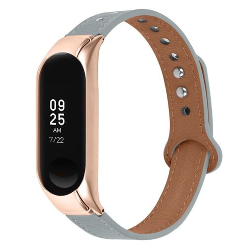 For Xiaomi Mi Band 5 / 6 Smart Watch Top Layer Cowhide Strap Replacement Wrist Band with Double Rivet, Rose Gold Watch Case - Grey