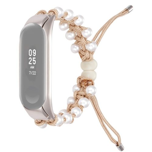 For Xiaomi Mi Band 5/6 Stylish Beads Decor Replacement Wrist Band Drawstring Design Adjustable Nylon Rope Watch Strap - Khaki