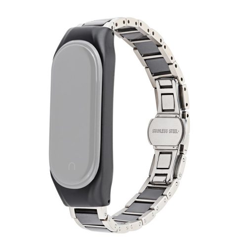 For Xiaomi Mi Band 5/Mi Band 6 Ceramics+Stainless Steel Watch Strap Replacement Watch Band - Three Beads Black