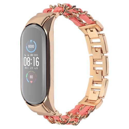 For Xiaomi Mi Band 5/Mi Band 6 Stainless Steel Chain Splicing Watchband Watch Strap -  Rose Gold/Pink