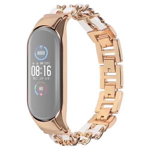 For Xiaomi Mi Band 5/Mi Band 6 Stainless Steel Chain Splicing Watchband Watch Strap -  Rose Gold/White