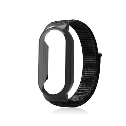 For Xiaomi Mi Band 7  /  7 NFC Nylon Loop Watch Strap 3 in 1 Wrist Band with PC Protective Case and Tempered Glass Screen Protector - Black / Black