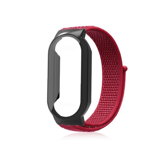 For Xiaomi Mi Band 7  /  7 NFC Nylon Loop Watch Strap 3 in 1 Wrist Band with PC Protective Case and Tempered Glass Screen Protector - Red / Black