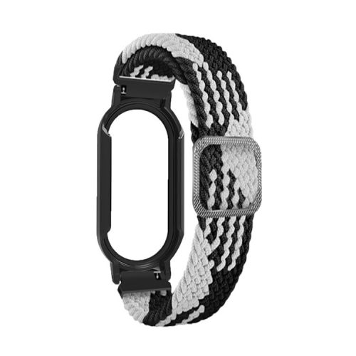 For Xiaomi Mi Band 7 / 7 NFC Elastic Watch Band 3 in 1 Nylon Braided Wrist Strap with PC Watch Case  /  Tempered Glass Screen Protector - Black White / Black