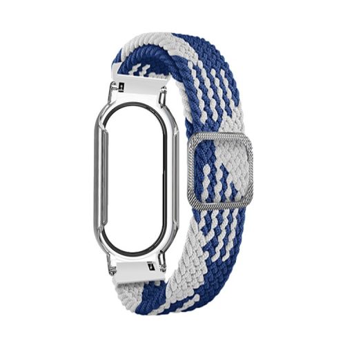 For Xiaomi Mi Band 7 / 7 NFC Elastic Watch Band 3 in 1 Nylon Braided Wrist Strap with PC Watch Case  /  Tempered Glass Screen Protector - Blue White / Transparent