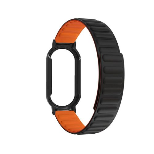 For Xiaomi Mi Band 7 / 7 NFC Silicone Magnetic Watch Band 3 in 1 Replacement Wrist Strap with PC Watch Case  /  Tempered Glass Screen Protector - Black / Orange