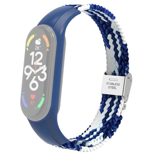 For Xiaomi Mi Band 7 Adjustable Nylon Braided Watch Band Replacement Wrist Strap with Stainless Steel Buckle - Blue/White