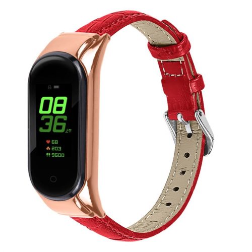 For Xiaomi Mi Band 7 Bamboo Grain Top Layer Cowhide Leather Buckle Design Watch Band with Rose Gold Watch Cover - Red