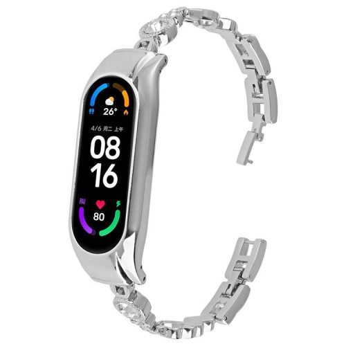 For Xiaomi Mi Band 7 Bling Band Rhinestones Decor Stylish Metal Wristband - Silver