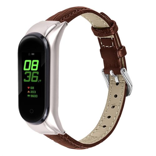 For Xiaomi Mi Band 7 Buckle Design Top Layer Cowhide Leather Bamboo Grain Adjustable Watch Band with Silver Protective Cover - Brown