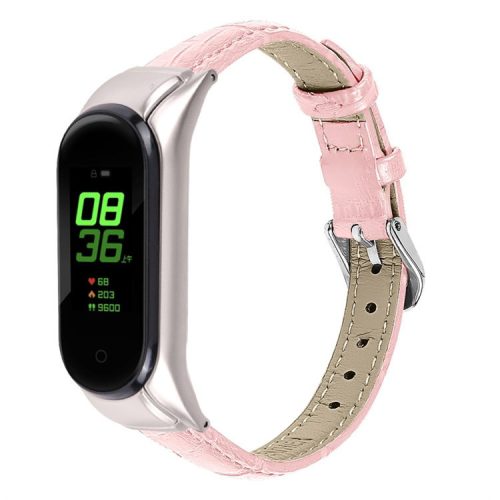 For Xiaomi Mi Band 7 Buckle Design Top Layer Cowhide Leather Bamboo Grain Adjustable Watch Band with Silver Protective Cover - Pink