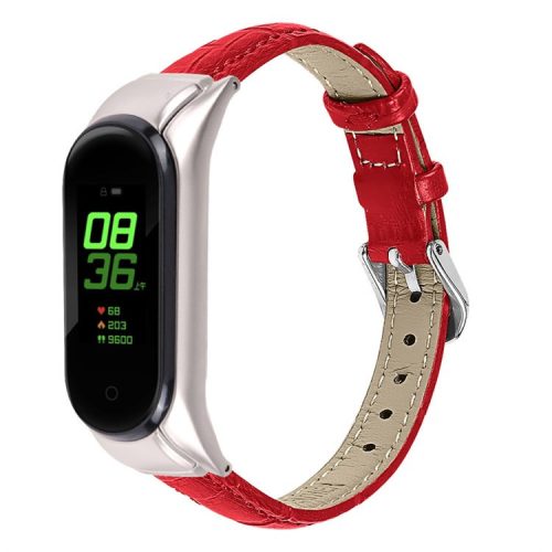 For Xiaomi Mi Band 7 Buckle Design Top Layer Cowhide Leather Bamboo Grain Adjustable Watch Band with Silver Protective Cover - Red