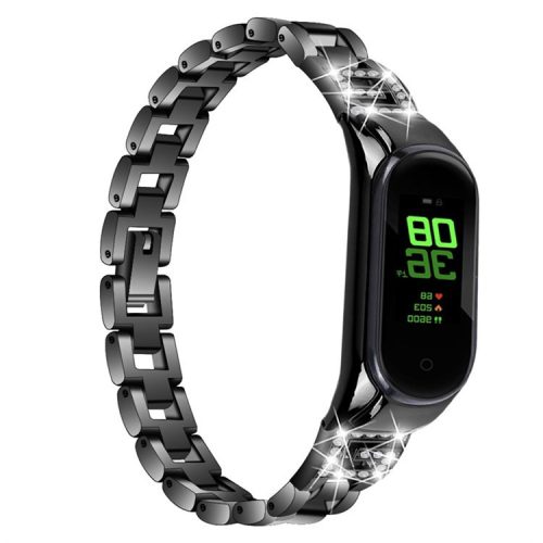 For Xiaomi Mi Band 7 G Letter Rhinestones Decor Stainless Steel Watch Strap Replacement Wrist Band - Black