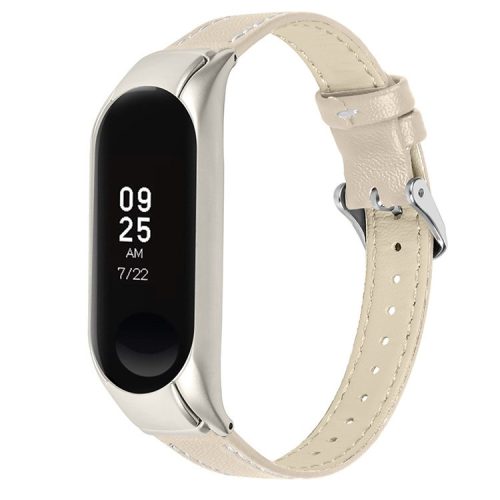 For Xiaomi Mi Band 7 Genuine Cowhide Leather Watch Band Adjustable Wrist Strap with Silver Watch Case - Apricot