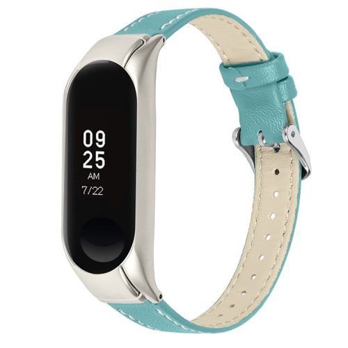 For Xiaomi Mi Band 7 Genuine Cowhide Leather Watch Band Adjustable Wrist Strap with Silver Watch Case - Blue