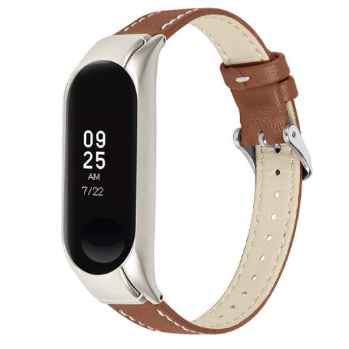 For Xiaomi Mi Band 7 Genuine Cowhide Leather Watch Band Adjustable Wrist Strap with Silver Watch Case - Brown