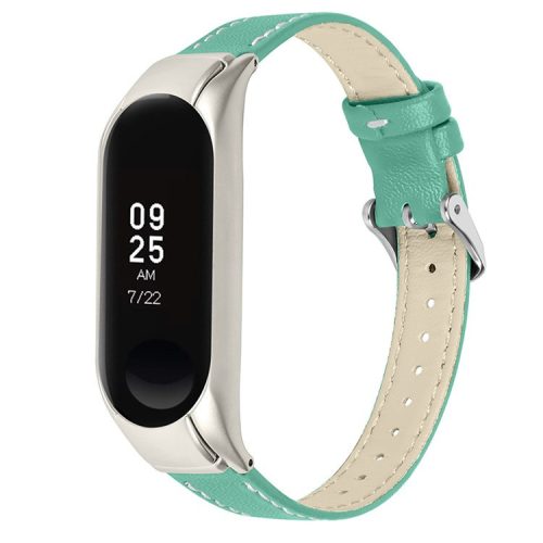 For Xiaomi Mi Band 7 Genuine Cowhide Leather Watch Band Adjustable Wrist Strap with Silver Watch Case - Green