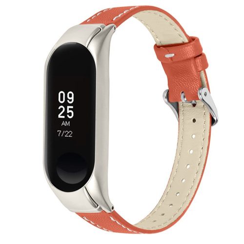 For Xiaomi Mi Band 7 Genuine Cowhide Leather Watch Band Adjustable Wrist Strap with Silver Watch Case - Orange